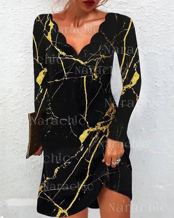 Women's Abstract Print V-Neck Long Sleeve Dress