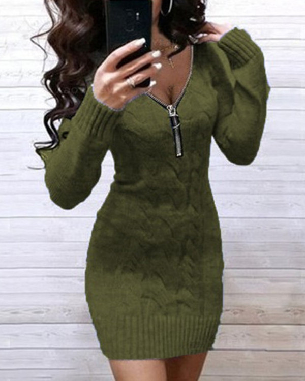 Sexy Knit Sweater Mid Zip V-Neck Dress