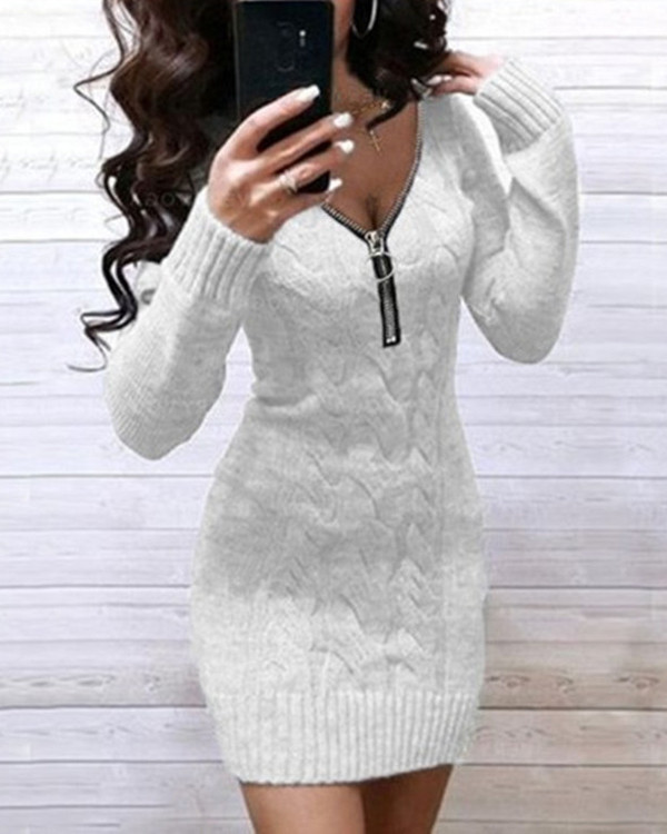 Sexy Knit Sweater Mid Zip V-Neck Dress