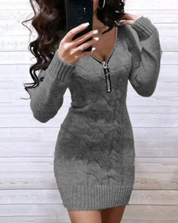 Sexy Knit Sweater Mid Zip V-Neck Dress