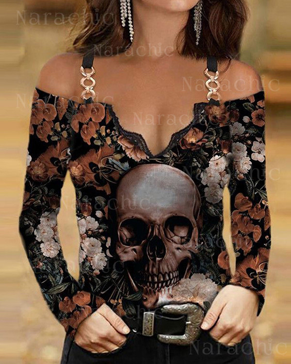 Halloween Off-Shoulder Loose Print V-Neck Lace Long-Sleeve Top