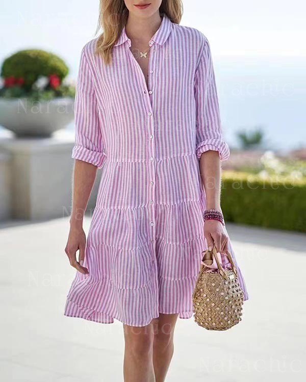 Fashion Casual Striped Lapel Long Sleeve Short Dress