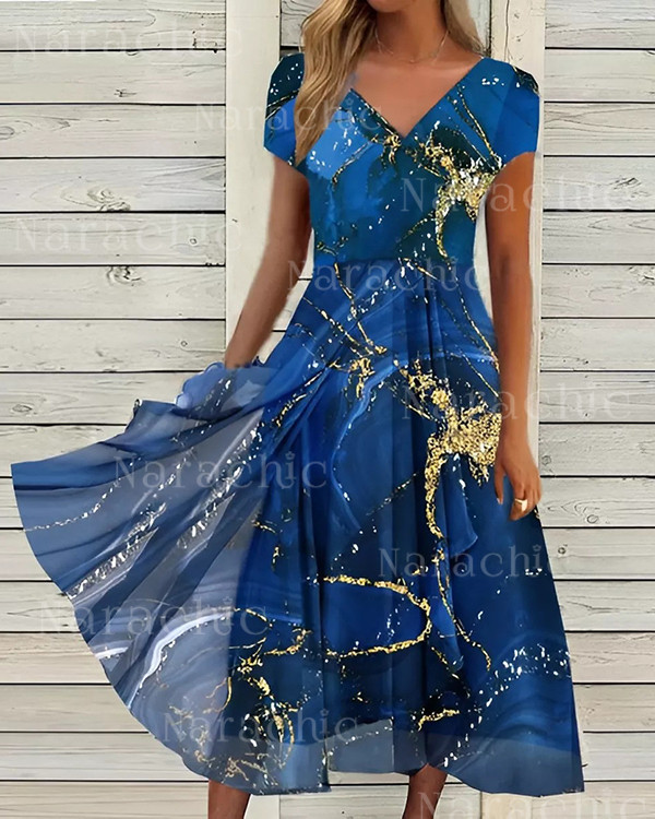 Elegant Chiffon Short Sleeve Printed Midi Dress