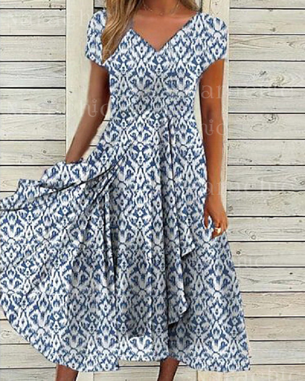 Elegant Short Sleeve Knit Panel Print Midi Dress