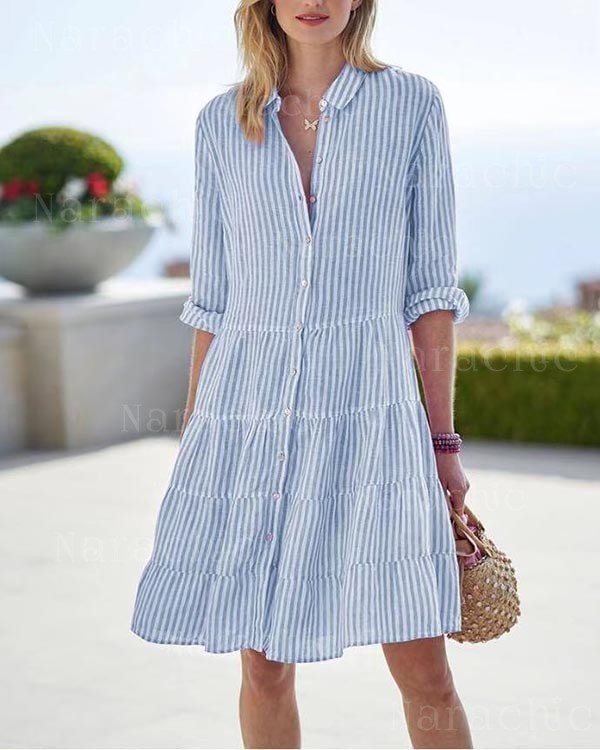 Fashion Casual Striped Lapel Long Sleeve Short Dress