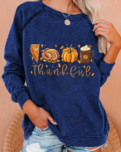 Women's Thankful Pumpkin Pie Thanksgiving Bible Turkey Leaves Fall Autumn Print Casual Sweatshirt