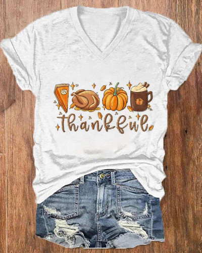 Women's Thankful Pumpkin Pie Thanksgiving Bible Turkey Leaves Fall Autumn Casual V-Neck Tee