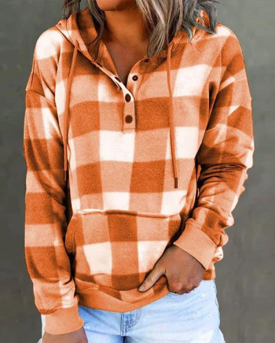 vintage Check  Print Hoodie Long Sleeve Sweatshirt