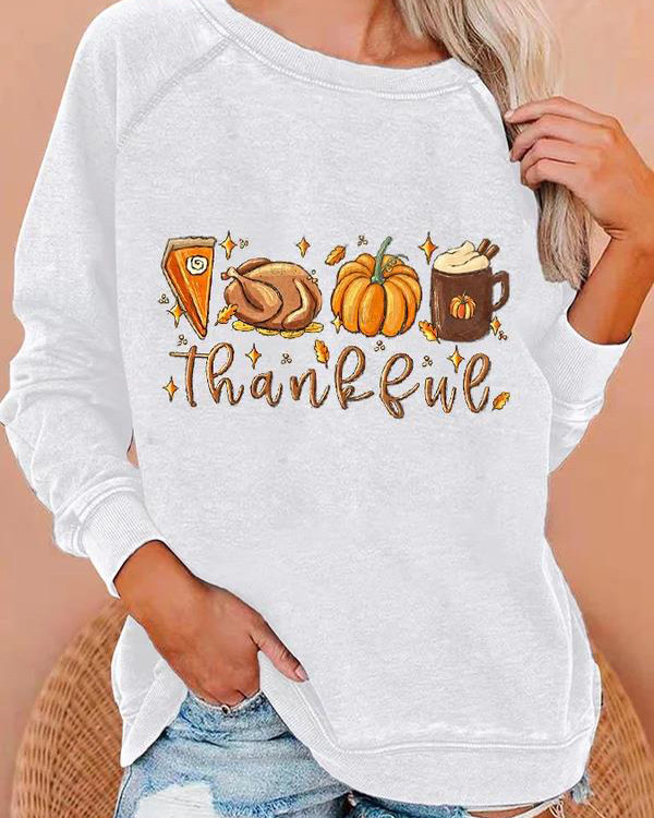 Women's Thankful Pumpkin Pie Thanksgiving Bible Turkey Leaves Fall Autumn Print Casual Sweatshirt