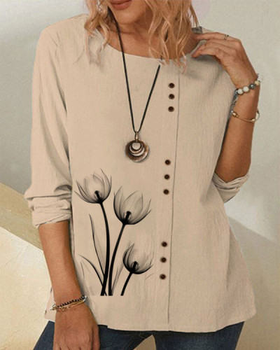 Casual Loose Floral Button Linen Long Sleeve Top