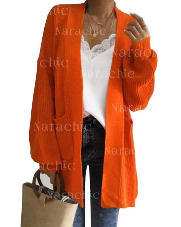 Solid Color Lantern Sleeve Sweater Cardigan