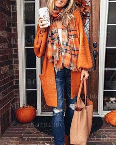 Solid Color Lantern Sleeve Sweater Cardigan