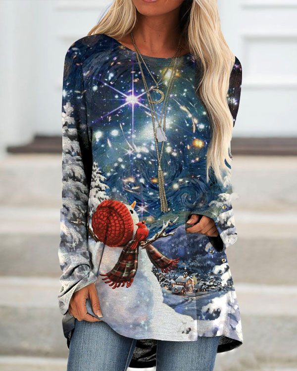 Christmas Snowman and Starry Sky Meet Print  Loose Long Sleeve Top