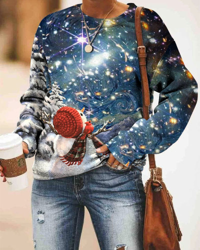 Christmas Snowman and Starry Sky Meet Print Sweatshirt