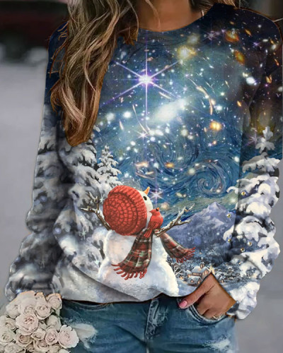 Christmas Snowman and Starry Sky Meet Print Loose Sweatshirt