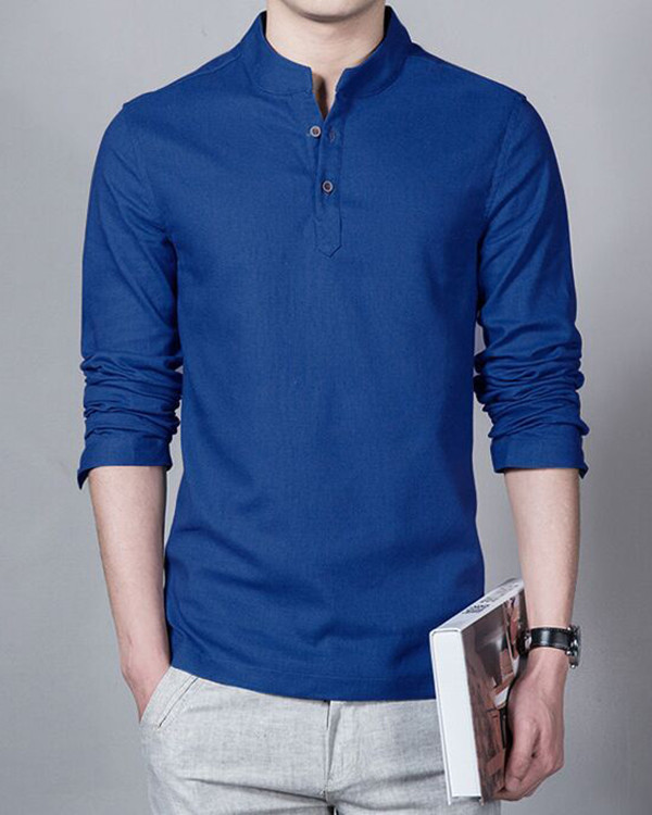 Solid Color Long Sleeve Plus Size Men's Cotton Linen Shirt Top