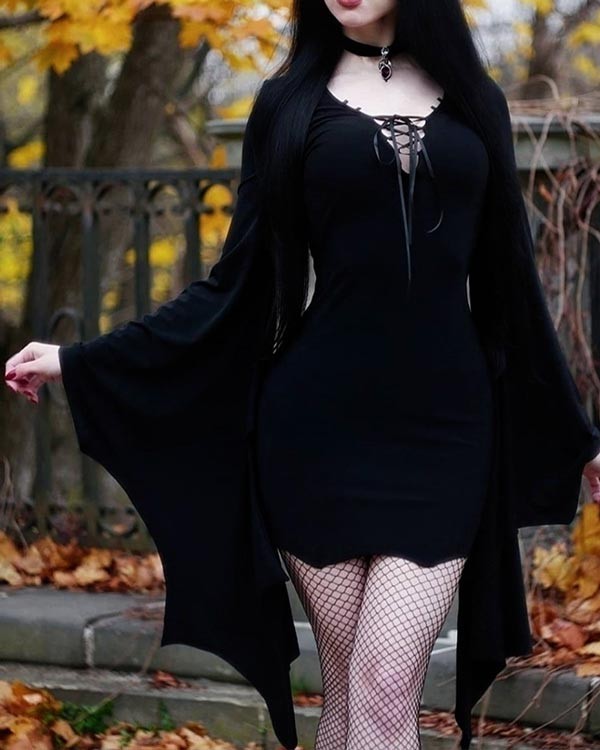 Halloween Stun The Crowd Vampire Witch Bat Sleeve Bridesmaid Dress Gothic Black Deep V Lace-up Neck Above Knee Ball Gown