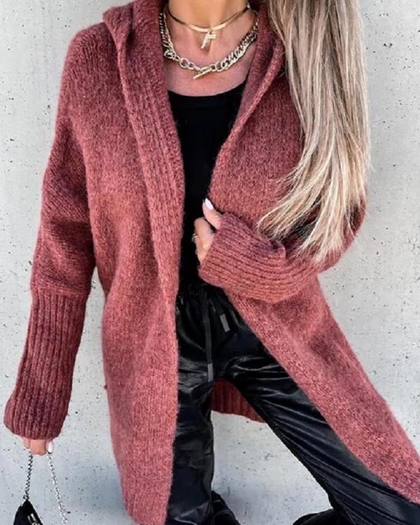Solid Color Hooded Thick Long Sweater Cardigan