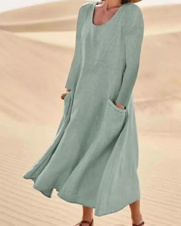 Loose Casual Solid Color Round Neck Pocket Long Sleeve Maxi Dress