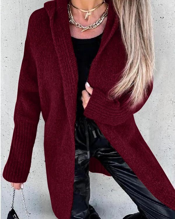 Solid Color Hooded Thick Long Sweater Cardigan