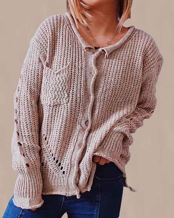 Solid Color Sweater Button Pocket Sweater Cardigan