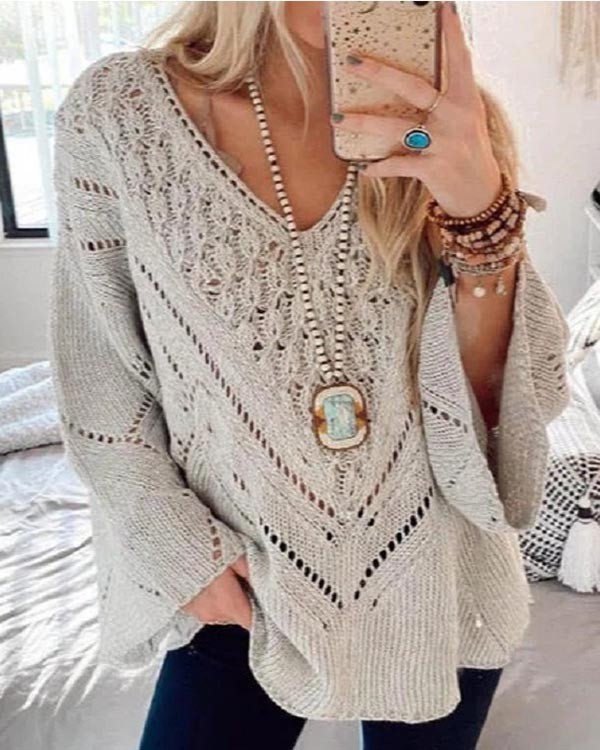 Solid Color Cutout V-Neck Sweater