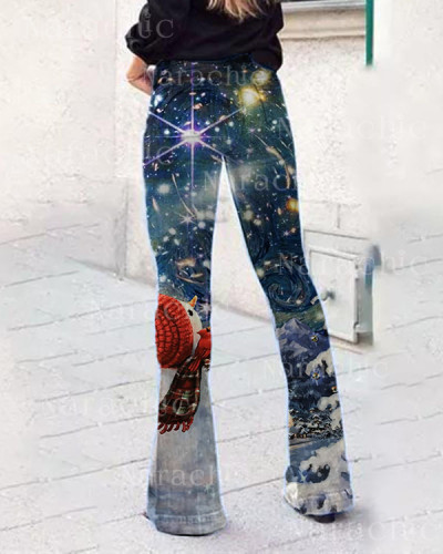 Christmas Snowman and Starry Sky Meet Print Jeans