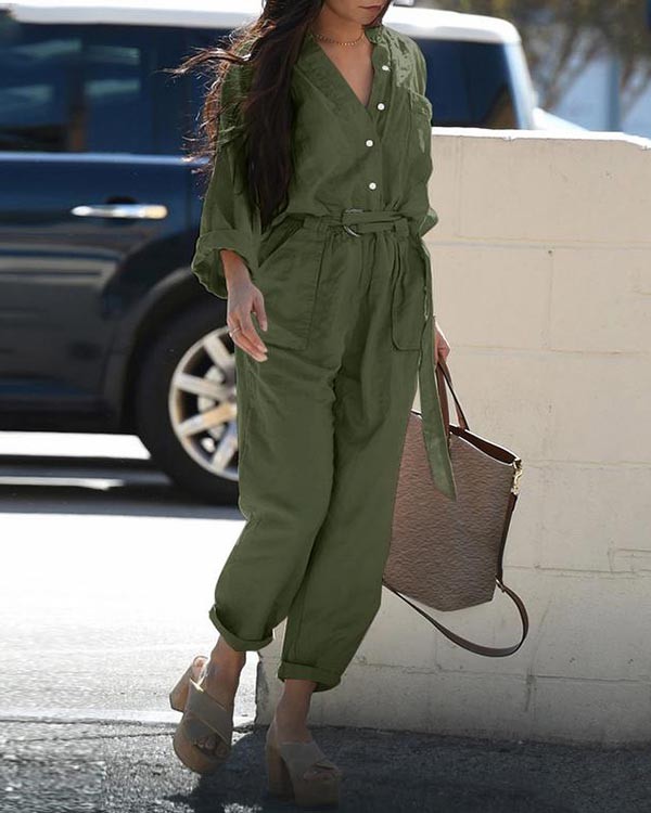 Casual Lapel Belt Cargo Jumpsuit