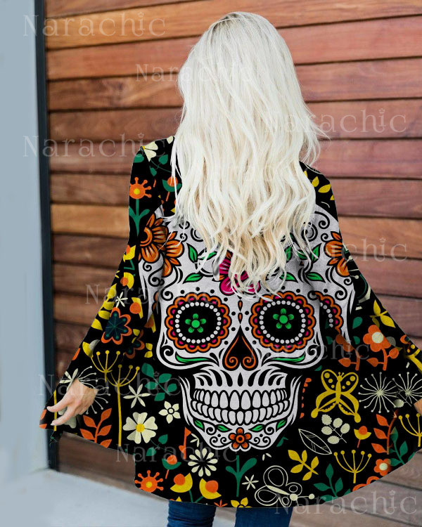 Skull Floral Print Loose Cardigan