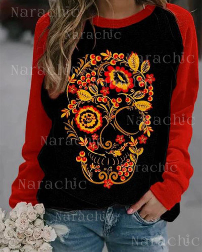 Skull Floral Print Loose Sweatshirt