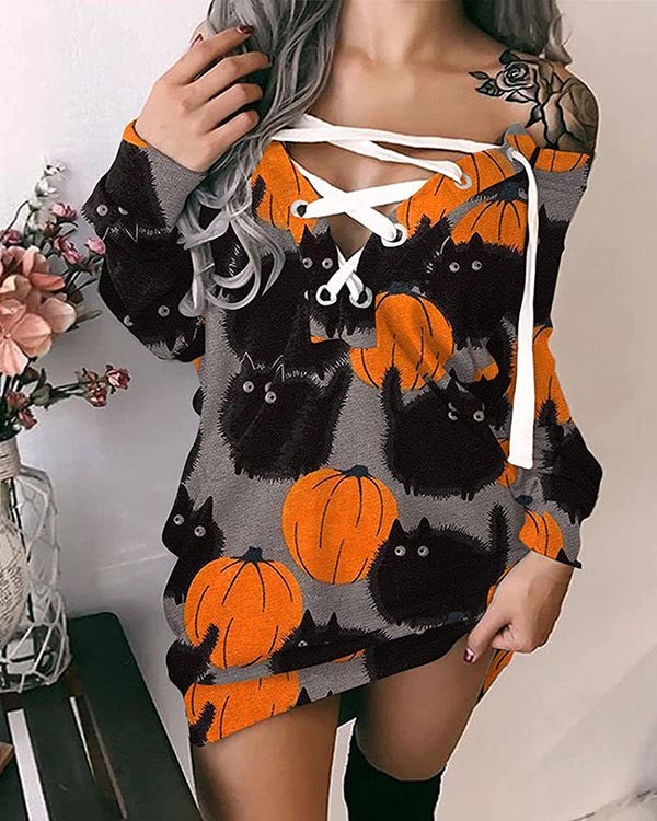 Halloween V-Neck Off Shoulder Loose Long Sleeve Dress