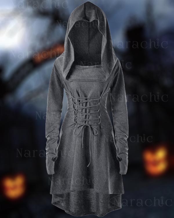 Halloween Solid Long Sleeve Hooded Lace-Up Dress