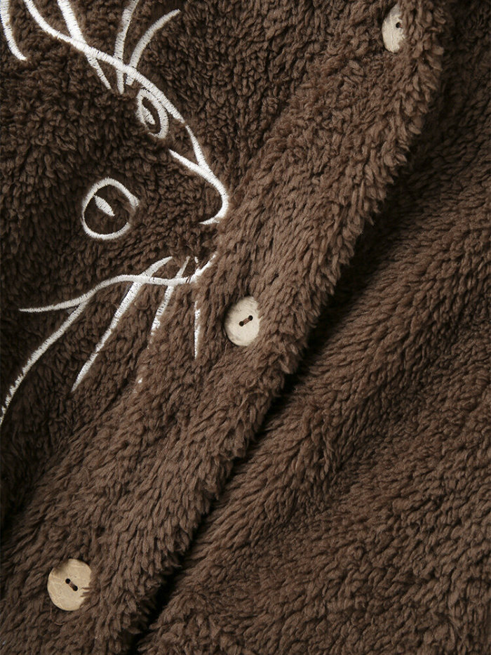 Casual Cat Print Plush Hooded Coat