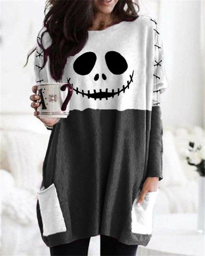 Halloween Ghost Face Stitch Contrast Color T-Shirt Top