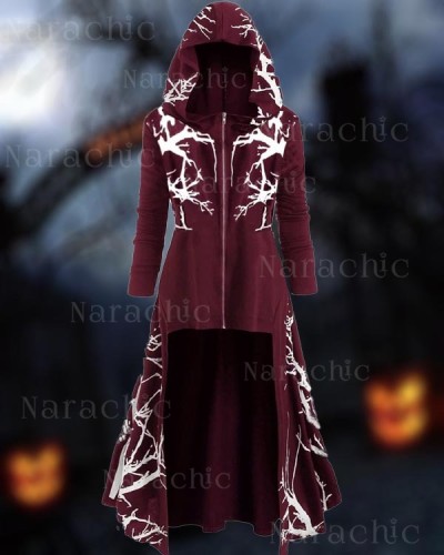 Halloween Cape Hooded Irregular Print Long-sleeve Coat