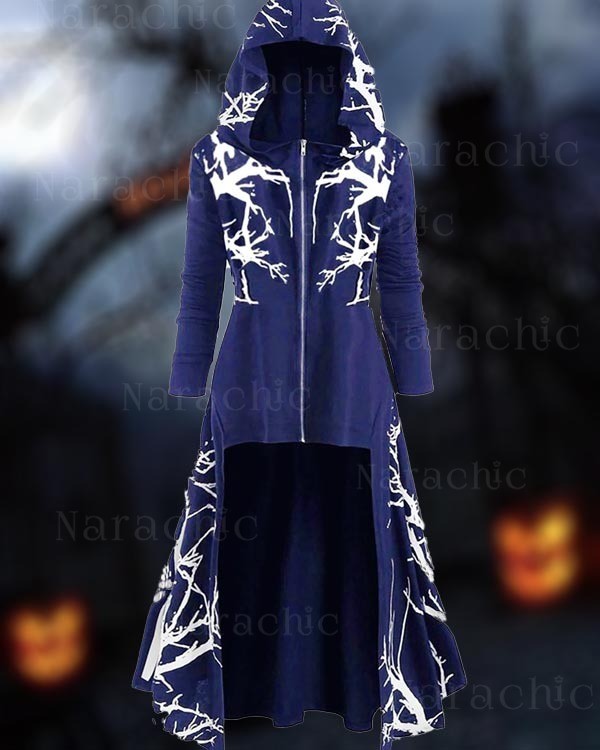 Halloween Cape Hooded Irregular Print Long-sleeve Coat