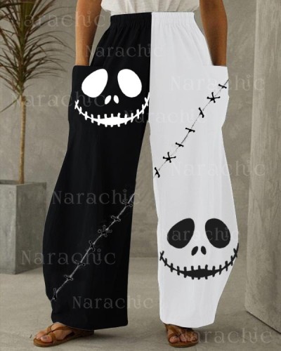 Halloween Ghost Face Stitch Contrast Color Pants