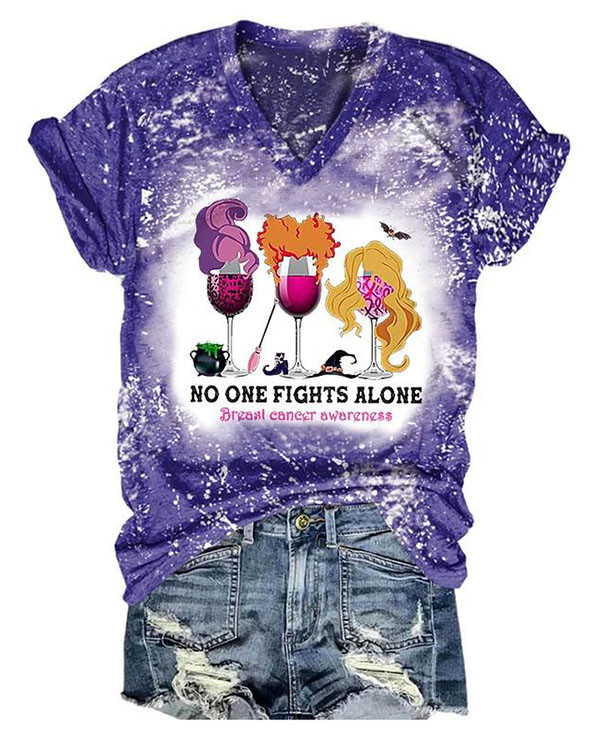 No One Fights Alone Breast Cancer Print Casual T-Shirt
