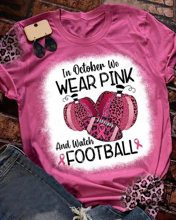 In October We Wear Pink Pumpkin Football Leopard Print T-Shirt