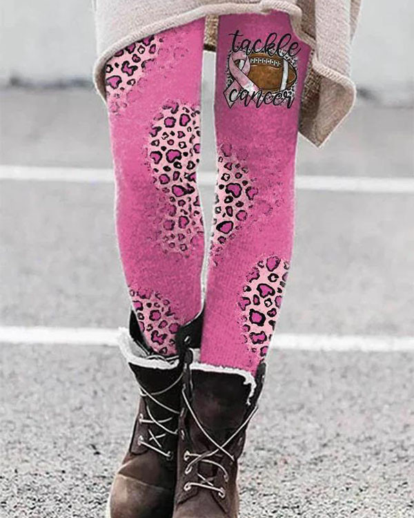 Breast Cancer Awareness Tackle Cancer Football Leopard Print Leggings