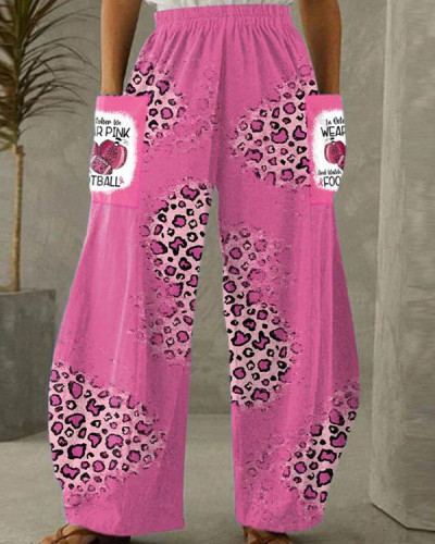 Women In October We Wear Pink And Watch Football Leopard Print Wide Leg Pants
