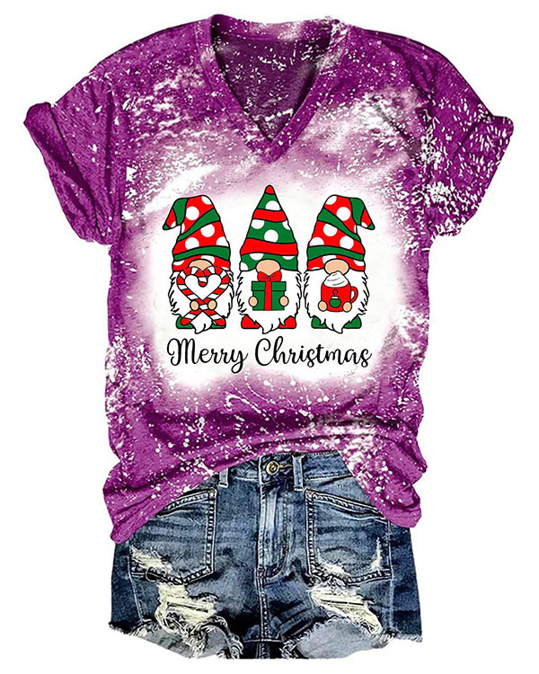 Women Merry Christmas Wave Point Gnomes Print T-Shirt