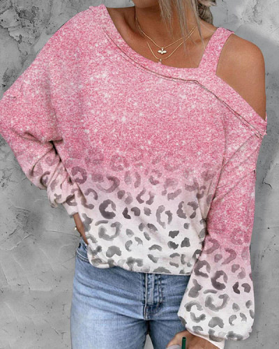 Pink Leopard Long-Sleeve Off-Shoulder Top