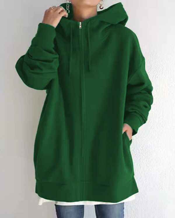 Autumn and Winter Street Zip Hooded Long Fleece Sweater Coat