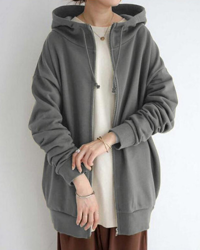 Autumn and Winter Street Zip Hooded Long Fleece Sweater Coat