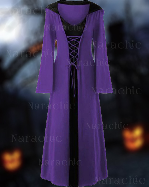 Halloween Witch Hooded Lace-up Plus Size Dress