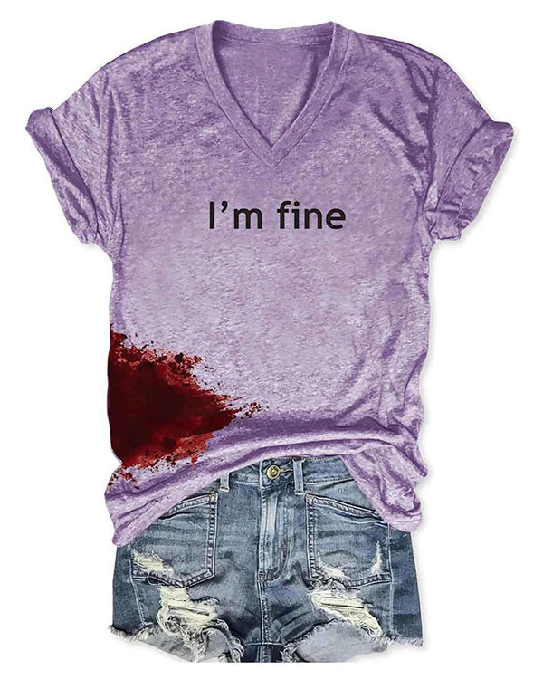 Women Halloween Humor Funny Bloodstained I'm Fine V-Neck T-Shirt