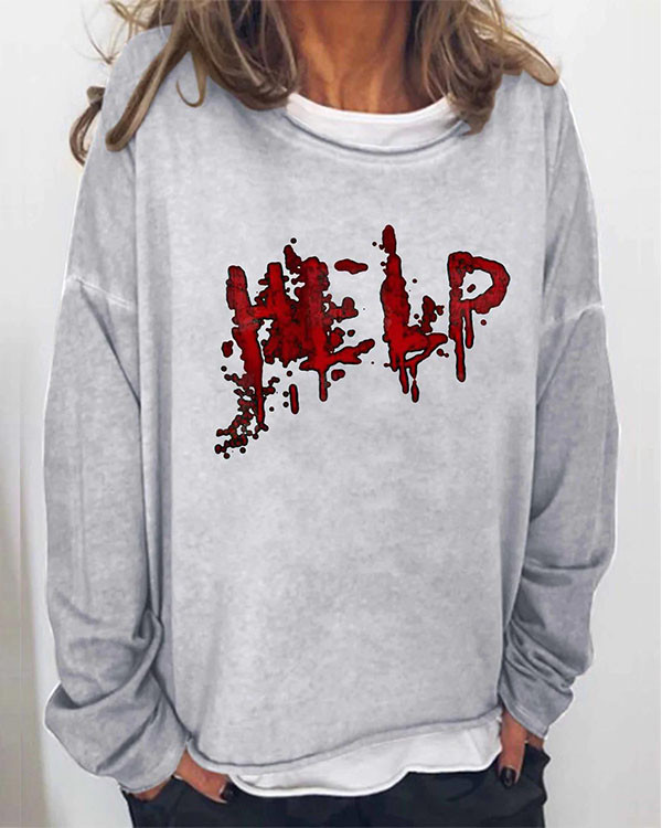 Women Halloween Humor Funny Bloodstained Help Printed Long Sleeve Top