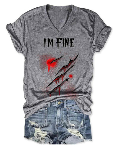 Women Halloween Humor Funny Bloodstained I'm Fine V-Neck T-Shirt