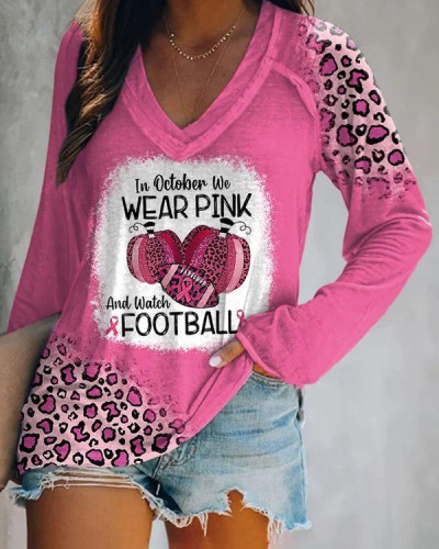 Leopard In October We Wear Pink And Watch Football Print Long Sleeve T-Shirt